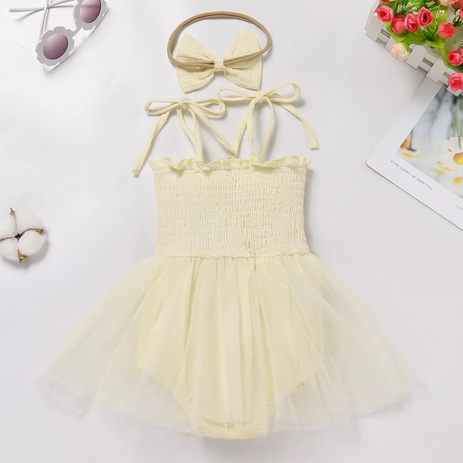 AWIBMK Baby Girls 1st Birthday Outfit Spaghetti Straps Romper Dress with Headband Sleeveless Princess Cake Smash Clothes