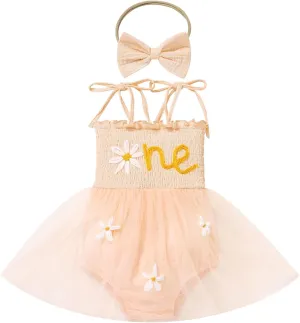 AWIBMK Baby Girls 1st Birthday Outfit Spaghetti Straps Romper Dress with Headband Sleeveless Princess Cake Smash Clothes