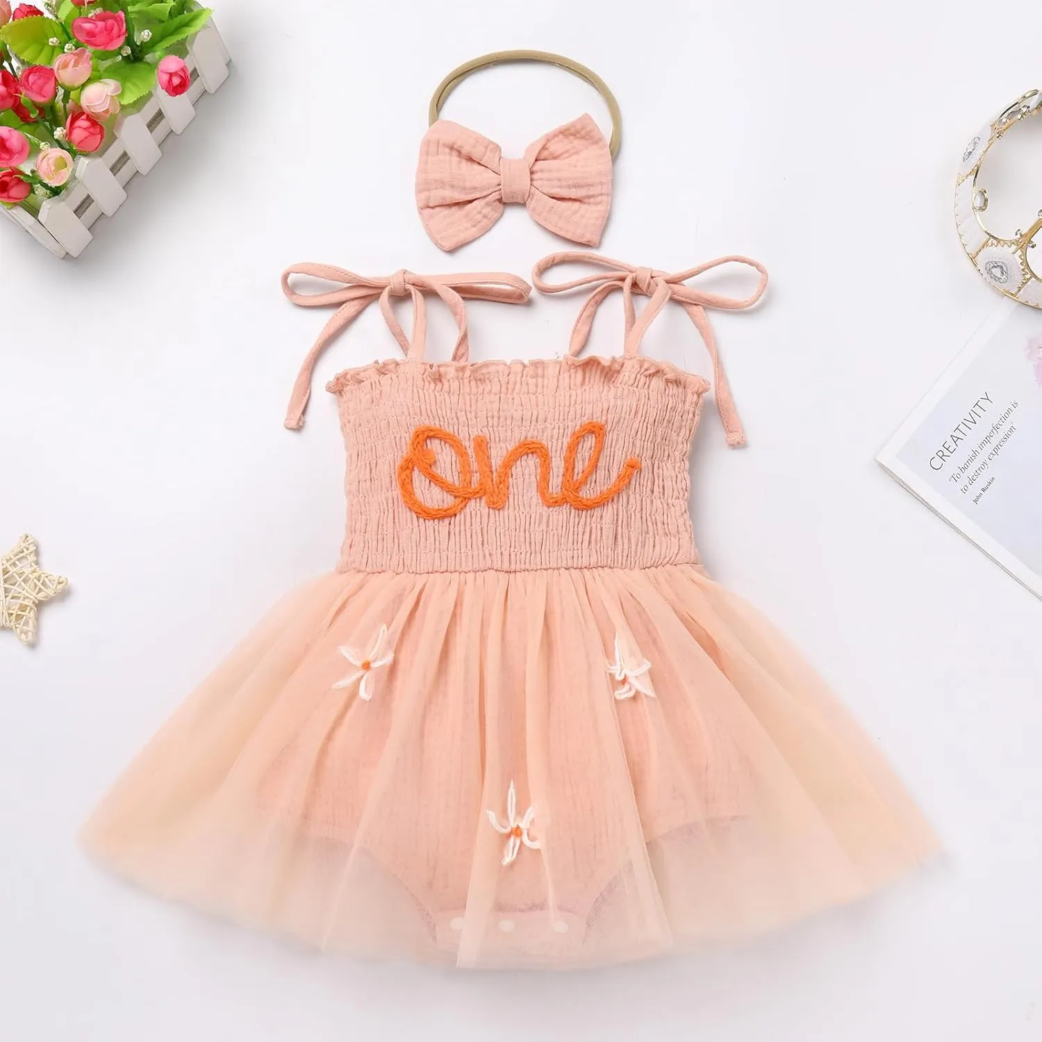 AWIBMK Baby Girls 1st Birthday Outfit Spaghetti Straps Romper Dress with Headband Sleeveless Princess Cake Smash Clothes