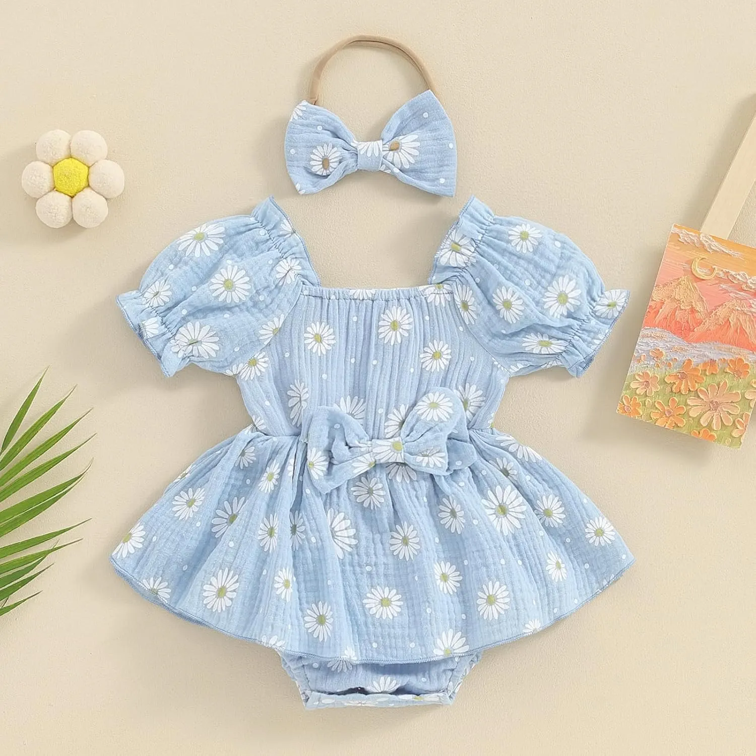 Baby Girls Daisy Romper Bowknot Bodysuit Headband Short Sleeve Playsuits Floral Jumpsuit Infant Summer Clothes