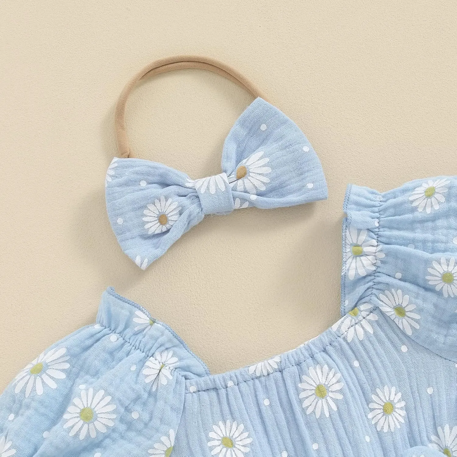Baby Girls Daisy Romper Bowknot Bodysuit Headband Short Sleeve Playsuits Floral Jumpsuit Infant Summer Clothes