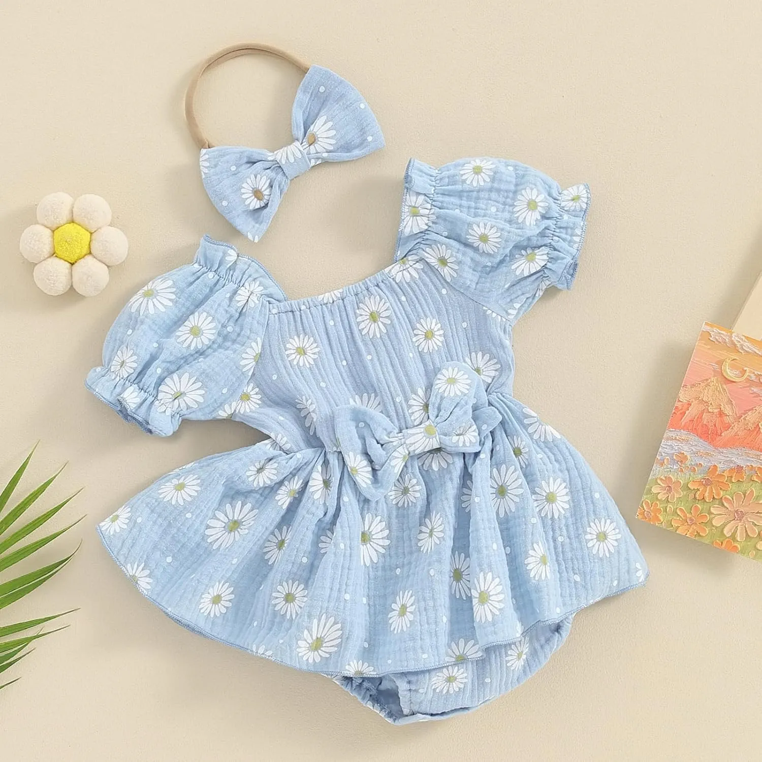 Baby Girls Daisy Romper Bowknot Bodysuit Headband Short Sleeve Playsuits Floral Jumpsuit Infant Summer Clothes