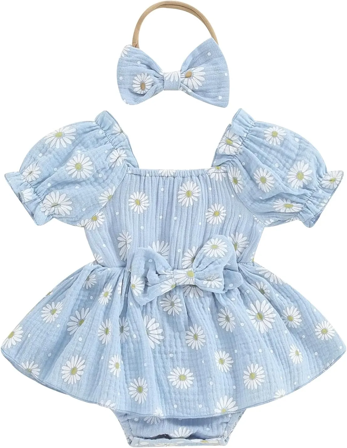 Baby Girls Daisy Romper Bowknot Bodysuit Headband Short Sleeve Playsuits Floral Jumpsuit Infant Summer Clothes
