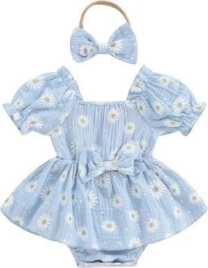 Baby Girls Daisy Romper Bowknot Bodysuit Headband Short Sleeve Playsuits Floral Jumpsuit Infant Summer Clothes