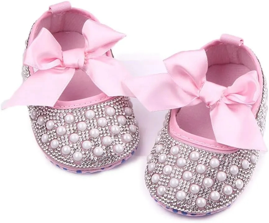 Baby Girls Mary Jane Flats Sparkly Bow Diamonds Princess Dress Shoes Anti-Slip Infant Crib Shoes