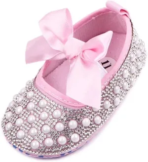 Baby Girls Mary Jane Flats Sparkly Bow Diamonds Princess Dress Shoes Anti-Slip Infant Crib Shoes