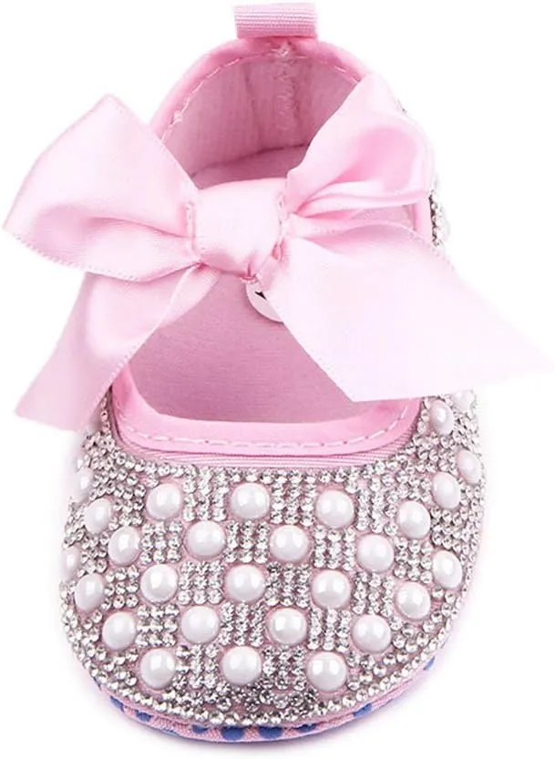 Baby Girls Mary Jane Flats Sparkly Bow Diamonds Princess Dress Shoes Anti-Slip Infant Crib Shoes