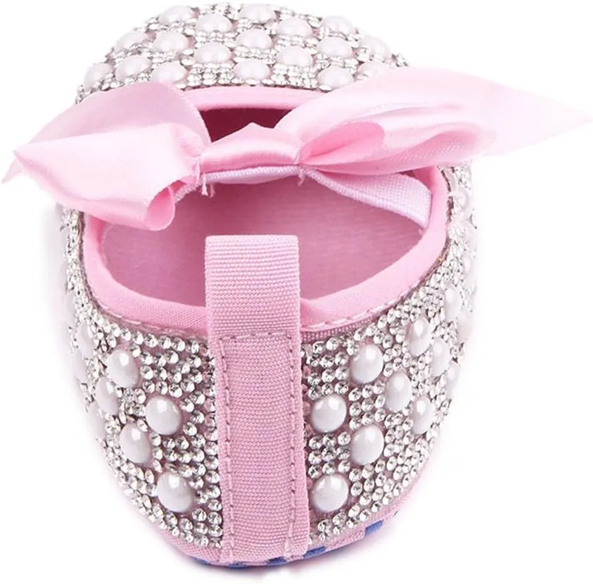 Baby Girls Mary Jane Flats Sparkly Bow Diamonds Princess Dress Shoes Anti-Slip Infant Crib Shoes