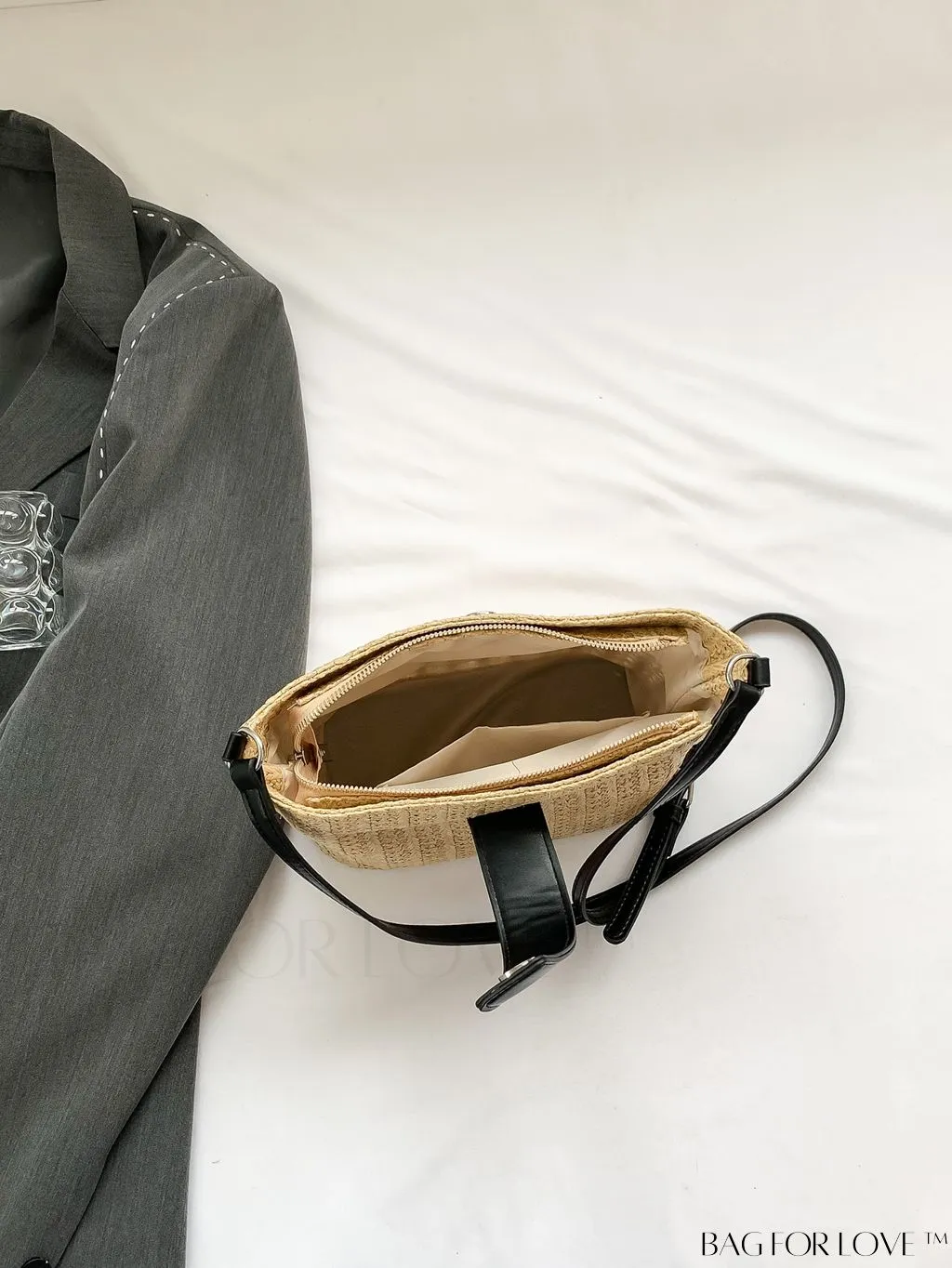 BagForLove - Minimalist Woven Straw Bucket Bag - Womens Chic Vacation Shoulder Crossbody