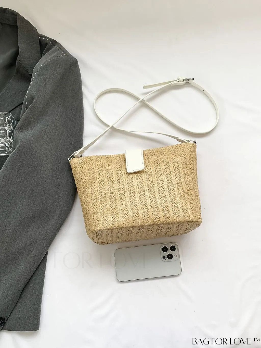 BagForLove - Minimalist Woven Straw Bucket Bag - Womens Chic Vacation Shoulder Crossbody