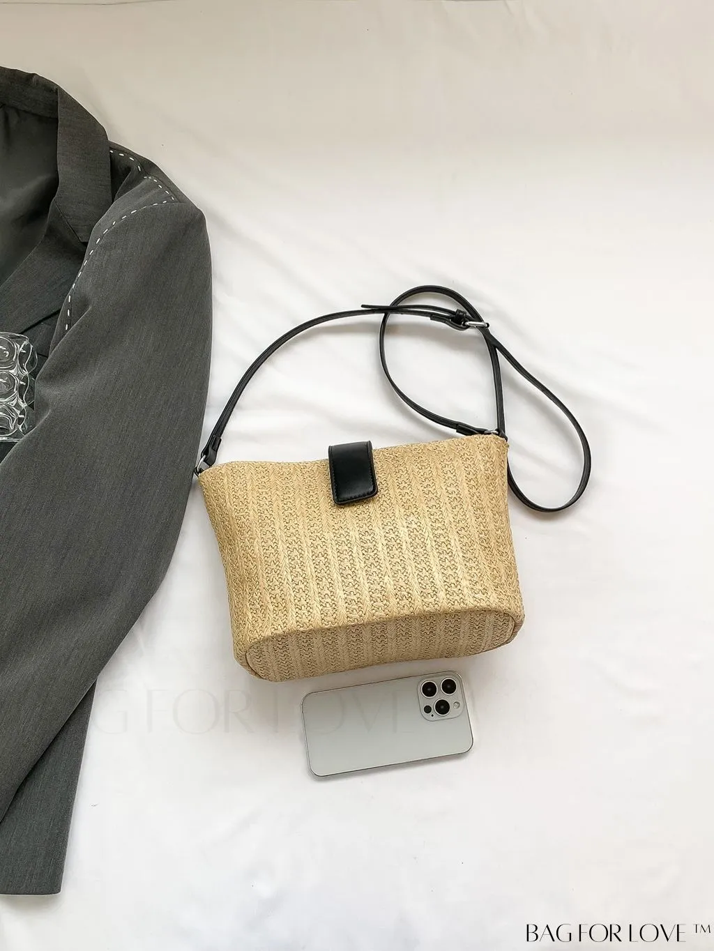 BagForLove - Minimalist Woven Straw Bucket Bag - Womens Chic Vacation Shoulder Crossbody
