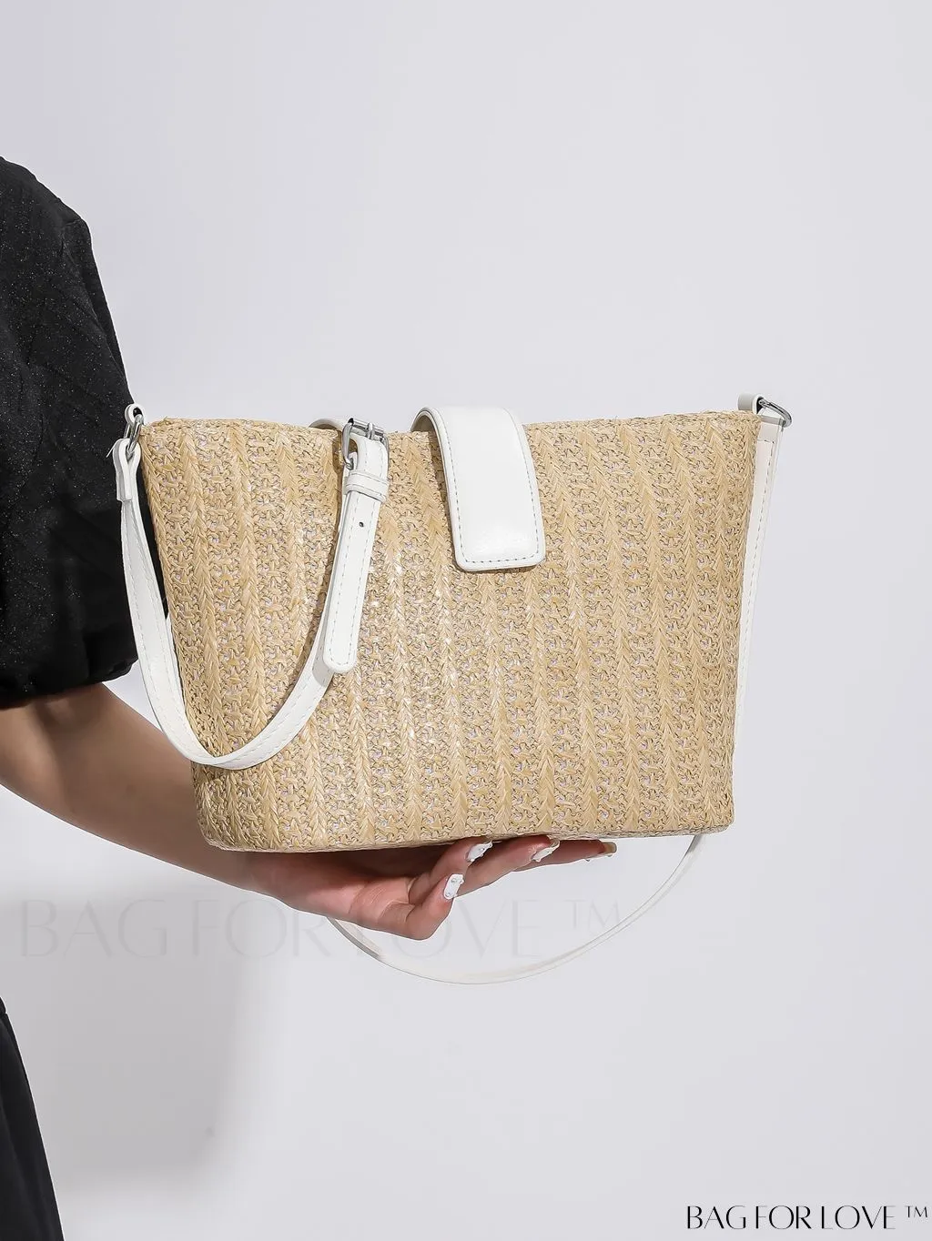 BagForLove - Minimalist Woven Straw Bucket Bag - Womens Chic Vacation Shoulder Crossbody