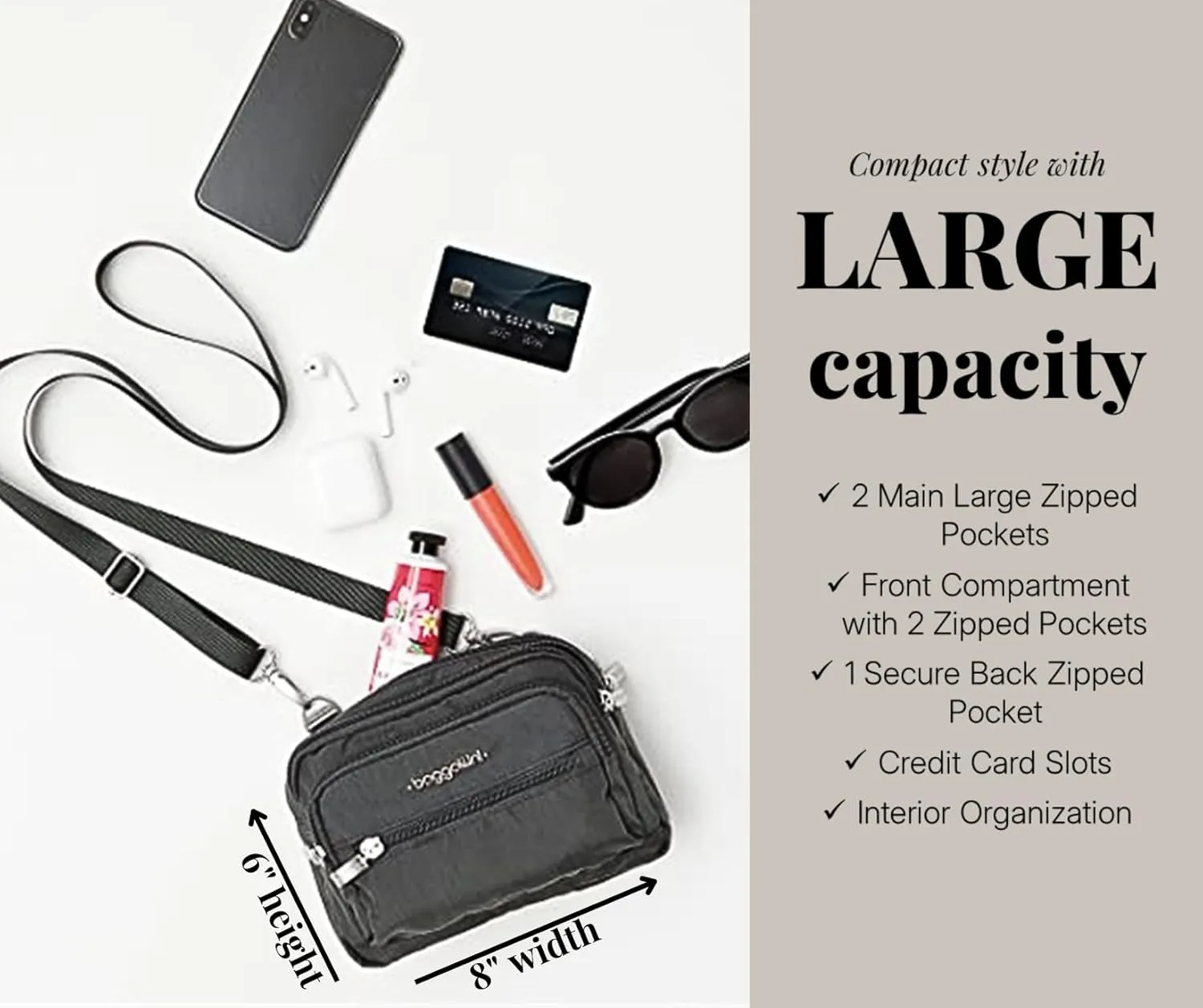 Baggallini Triple Zip Small Crossbody Bag for Women