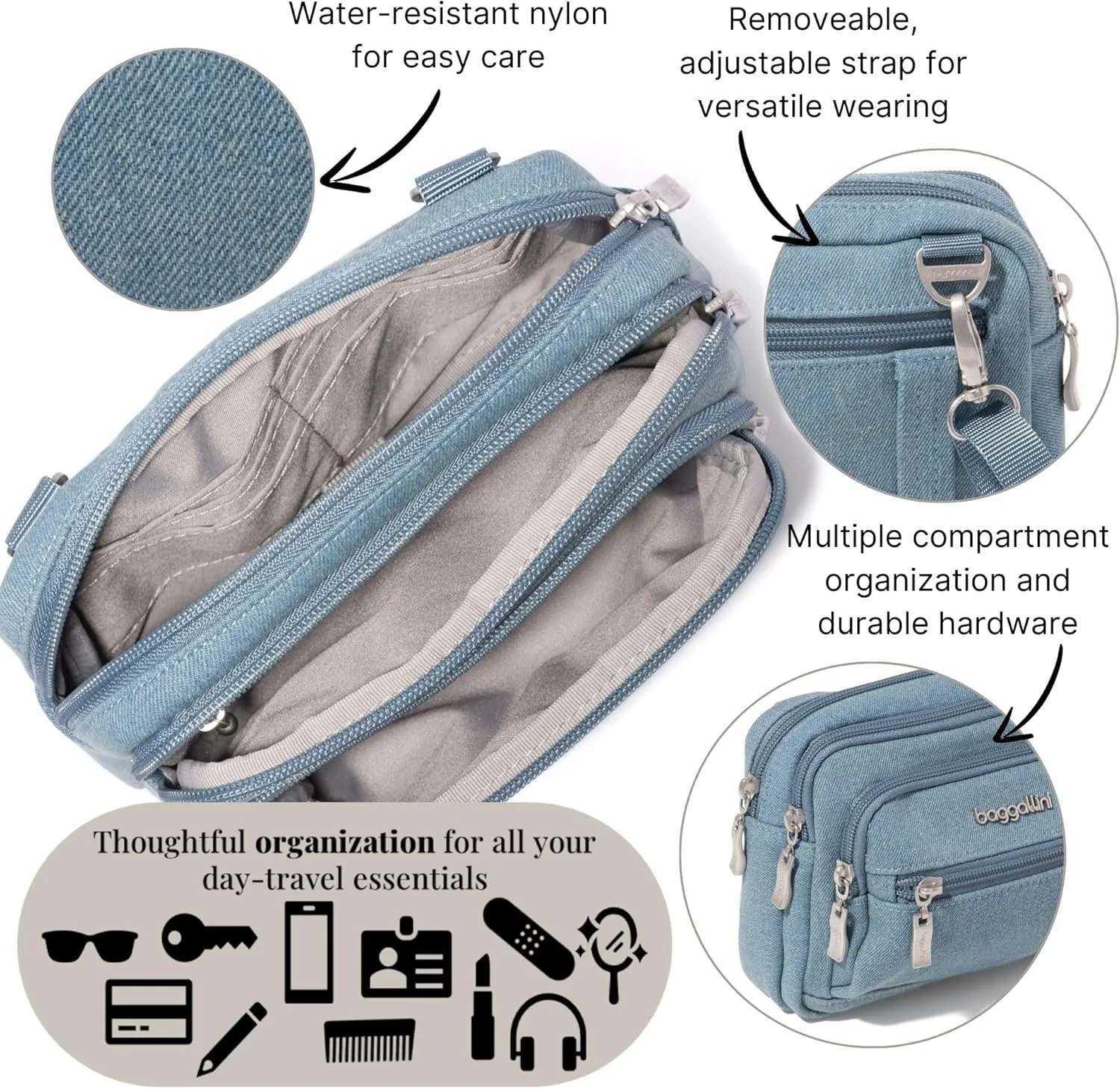 Baggallini Triple Zip Small Crossbody Bag