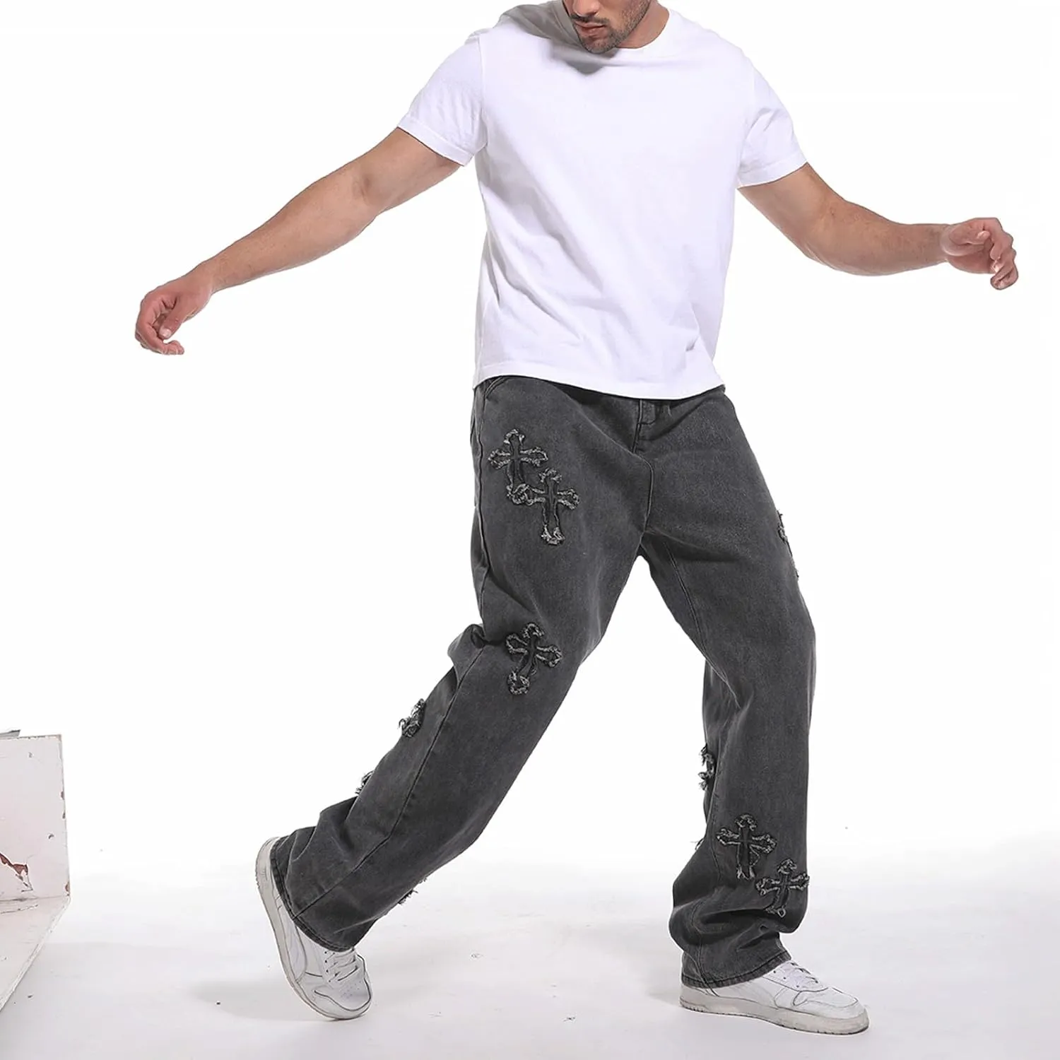 Baggy Jeans Men Cross Patch Y2K Cargo Pants Denim Skateboard Baggy Pants Hip Hop Jeans Streetwear