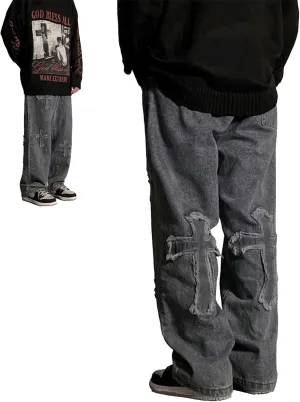 Baggy Jeans Men Cross Patch Y2K Cargo Pants Denim Skateboard Baggy Pants Hip Hop Jeans Streetwear