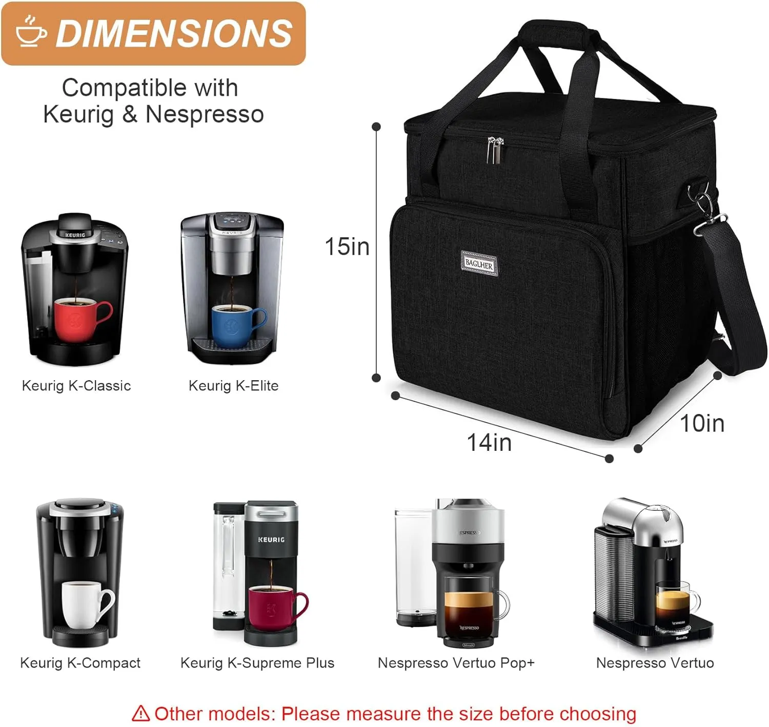 BAGLHER Coffee Maker Travel Bag Compatible with Keurig K-Classic、Keurig K-Elite、Keurig K-Compact or Other Accessories, Portable Coffee Maker Case with Shoulder Strap for Travel, Black