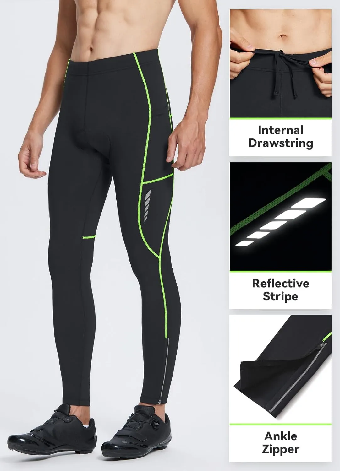 baleaf Men's Thermal Cycling Pants, 4D Padded Winter Bike Tights Fleece Lined Bicyble Riding Leggings