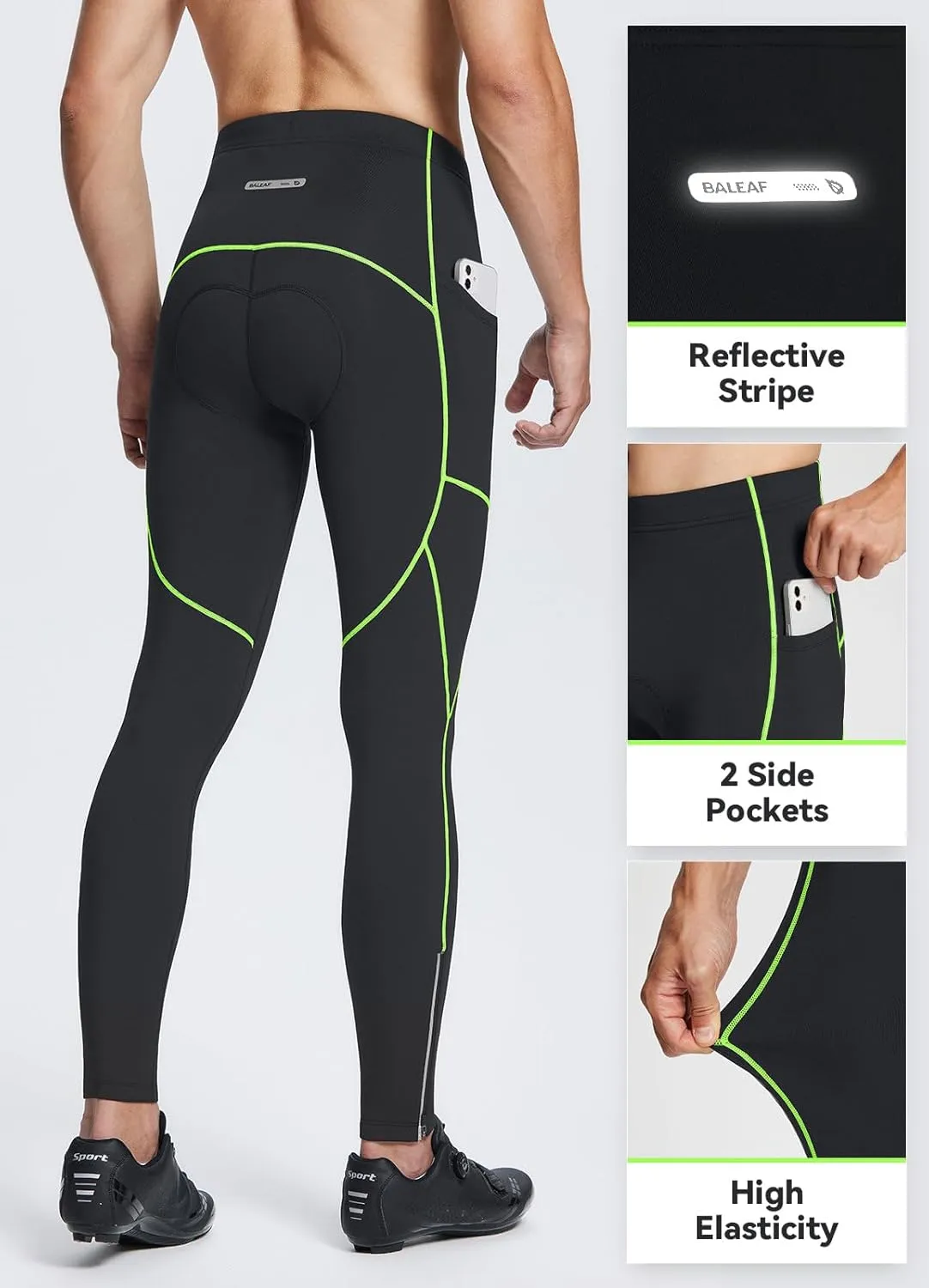 baleaf Men's Thermal Cycling Pants, 4D Padded Winter Bike Tights Fleece Lined Bicyble Riding Leggings