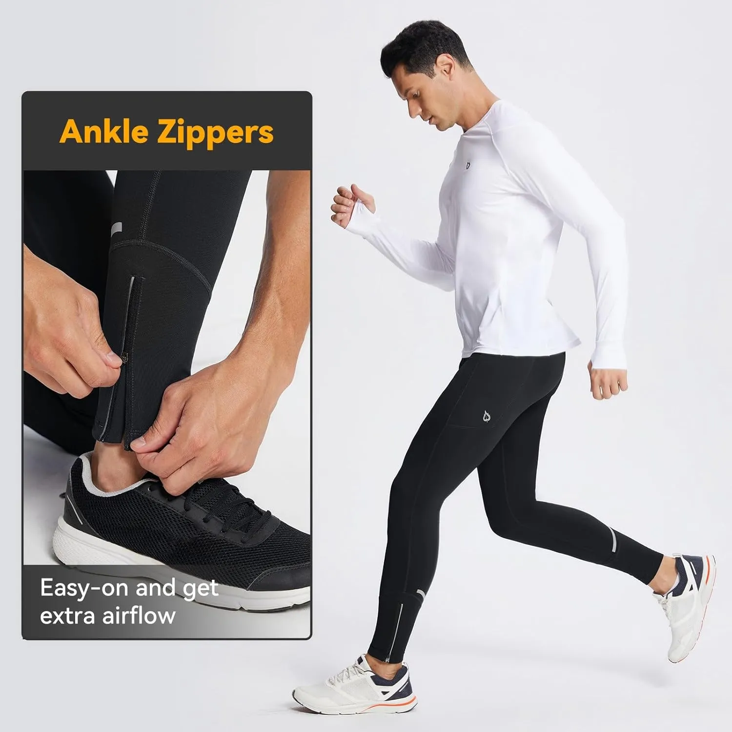 baleaf Men's Winter Running Tights Thermal Cycling Pants Water Resistant Pockets Zipper Legs Cold Weather