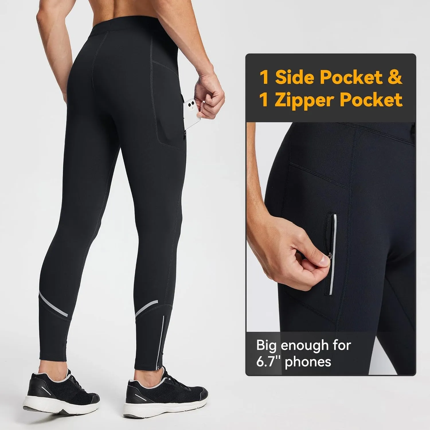 baleaf Men's Winter Running Tights Thermal Cycling Pants Water Resistant Pockets Zipper Legs Cold Weather