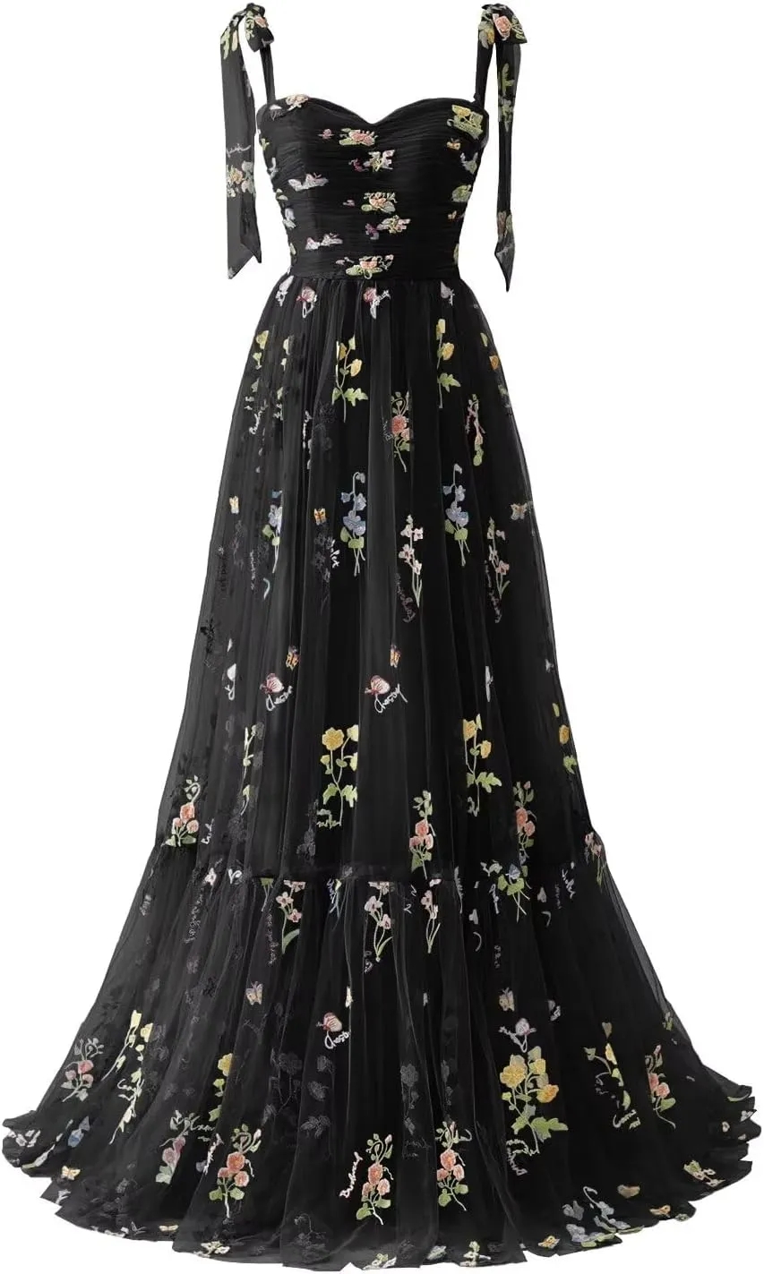 Basgute Women's Flower Embroidery Tulle Prom Dresses Corset Long Spaghetti Strap Fairy Ruched Formal Evening Party Gown