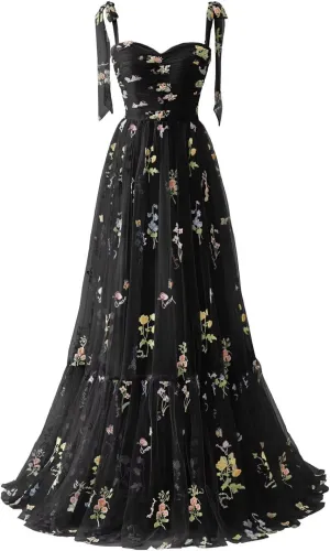 Basgute Women's Flower Embroidery Tulle Prom Dresses Corset Long Spaghetti Strap Fairy Ruched Formal Evening Party Gown