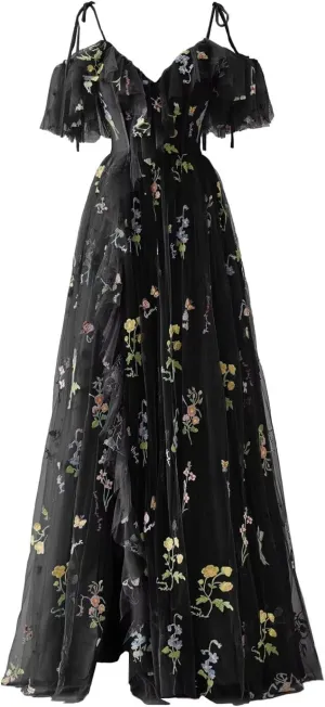 Basgute Women's Flower Embroidery Tulle Prom Dresses Slit Long Spaghetti Straps V Neck Fairy Formal Evening Party Gown