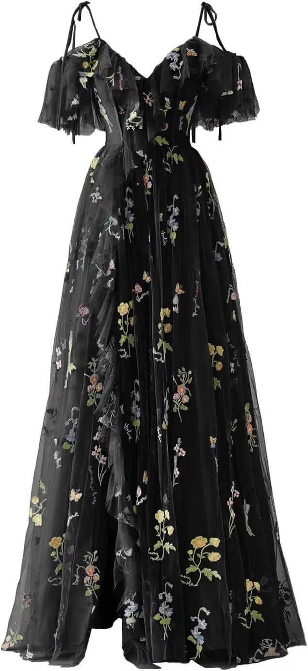 Basgute Women's Flower Embroidery Tulle Prom Dresses Slit Long Spaghetti Straps V Neck Fairy Formal Evening Party Gown