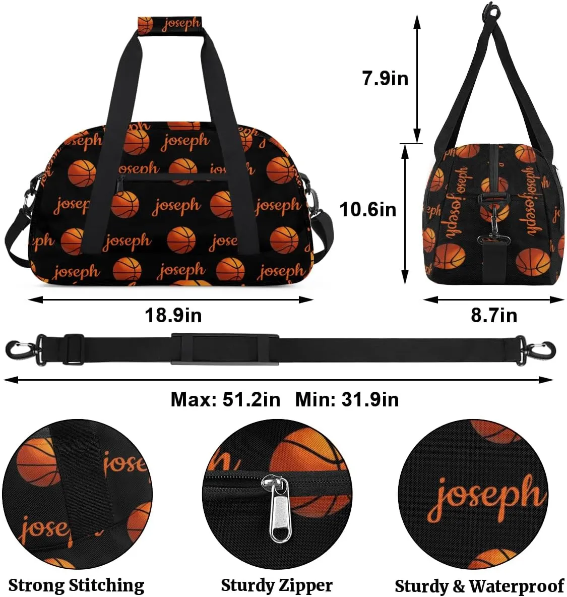 Basketball Custom Name Sport Gym Bag Personalized Overnight Duffel Bag for Boys Girls Weekender Bags Carry On Training Bag, Black