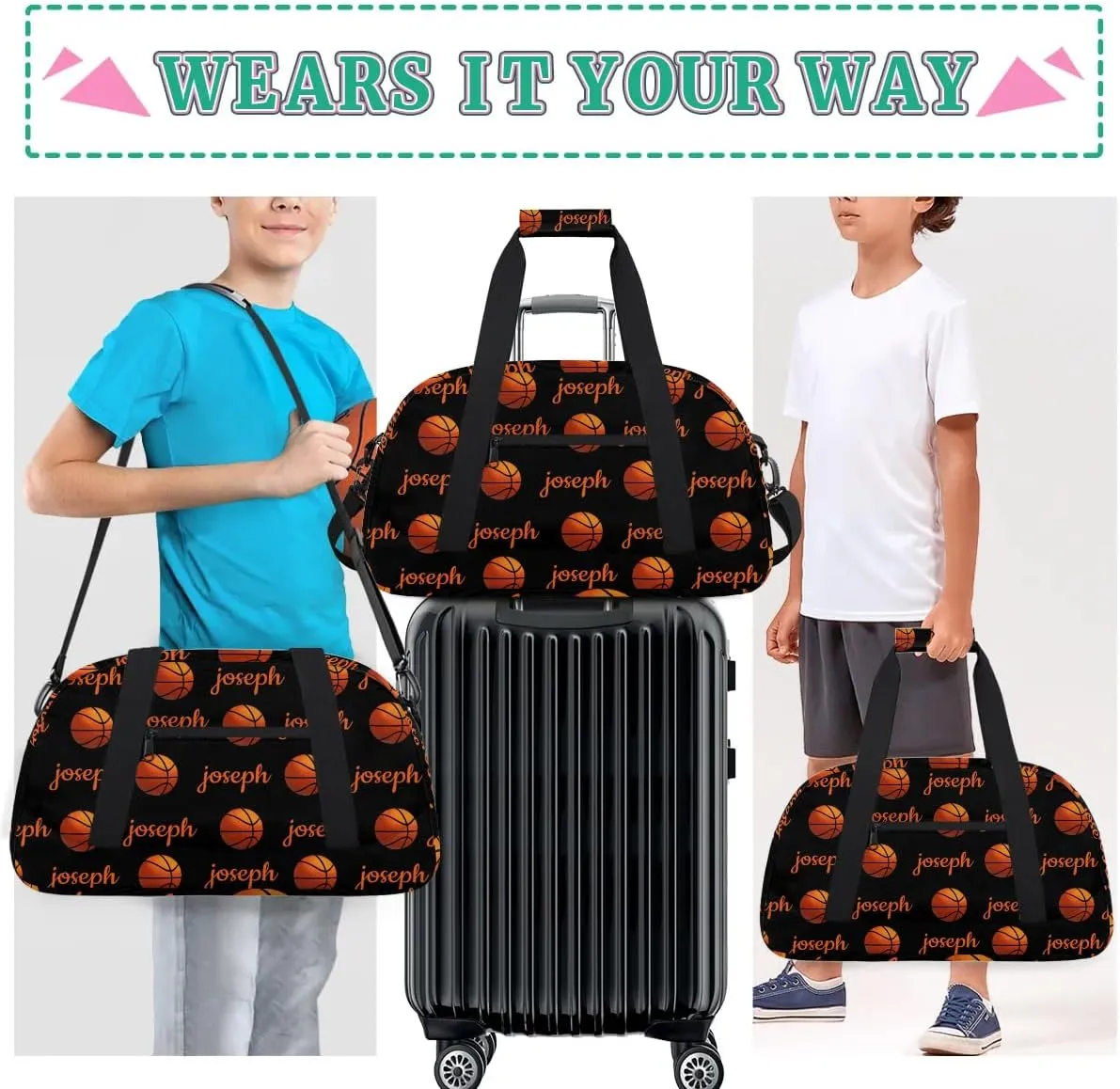Basketball Custom Name Sport Gym Bag Personalized Overnight Duffel Bag for Boys Girls Weekender Bags Carry On Training Bag, Black