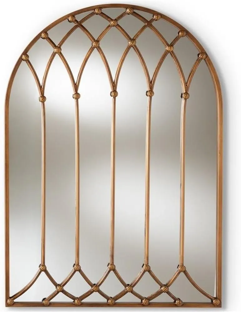 Baxton Studio Freja Vintage Farmhouse Antique Bronze Finished Arched Window Accent Wall Mirror