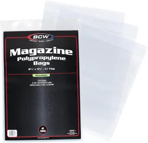 BCW Resealable Magazine Bags - 1 Pack of 100 | Acid-Free, Clear Polypropylene Sleeves for Archival-Quality Storage of Collectible Magazines | Protect and Showcase Your Valuable Comic Book Collection