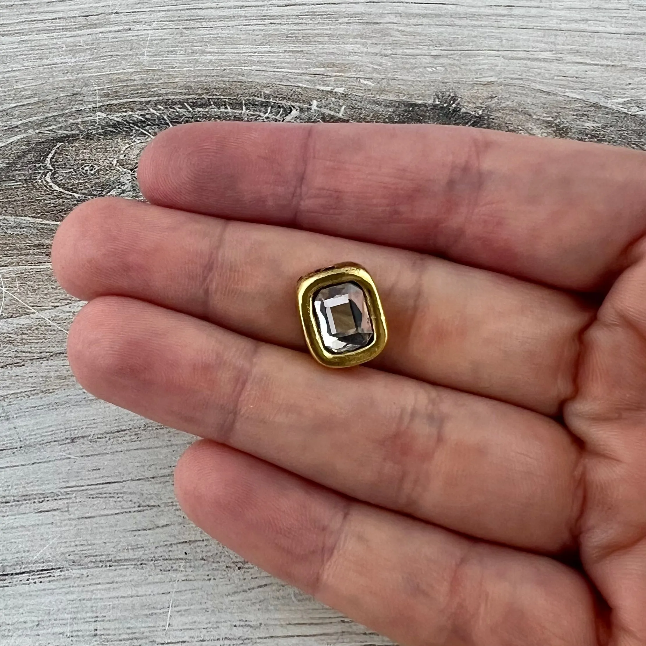 Bead, Crystal Clear Emerald Cut Rhinestone Bead, Small Rectangle Antiqued Gold, Jewelry Making Artisan Findings, GL-S042
