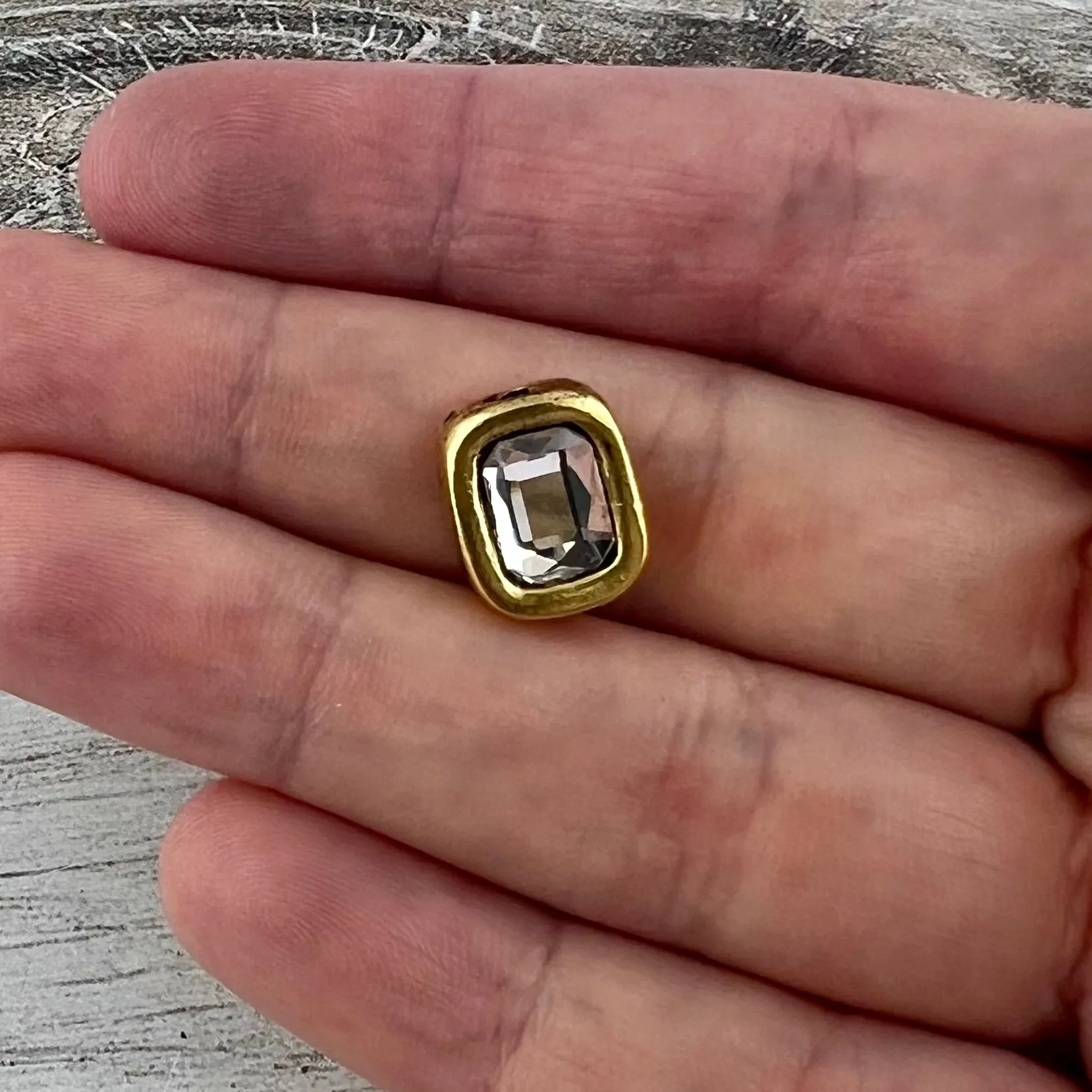 Bead, Crystal Clear Emerald Cut Rhinestone Bead, Small Rectangle Antiqued Gold, Jewelry Making Artisan Findings, GL-S042