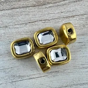Bead, Crystal Clear Emerald Cut Rhinestone Bead, Small Rectangle Antiqued Gold, Jewelry Making Artisan Findings, GL-S042