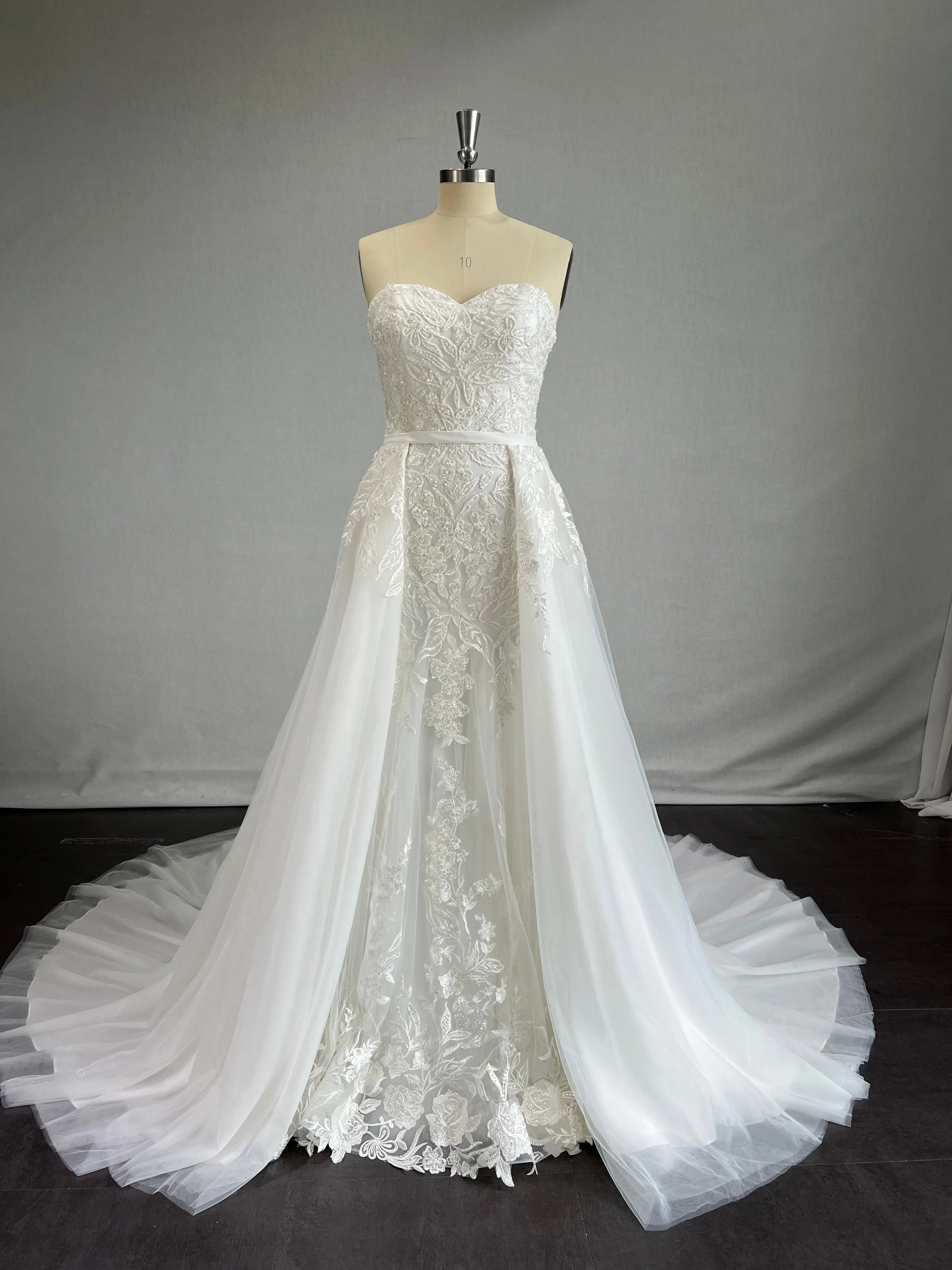 Beaded Floral Lace on Tulle Princess Seam Wedding Overskirt