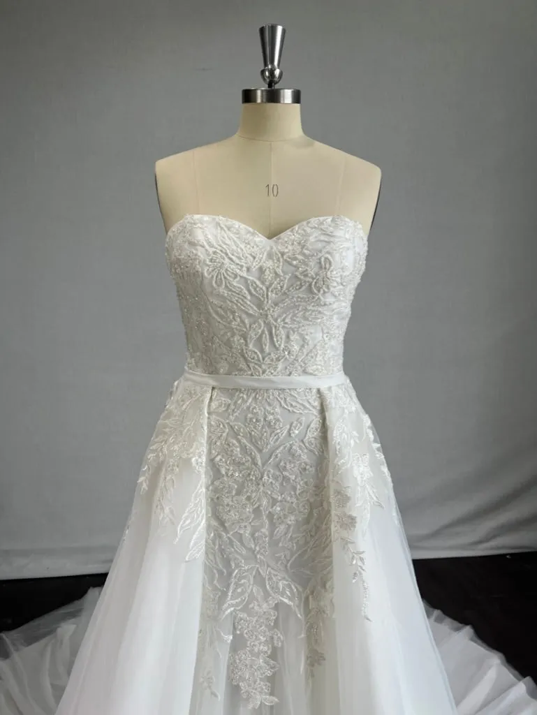 Beaded Floral Lace on Tulle Princess Seam Wedding Overskirt