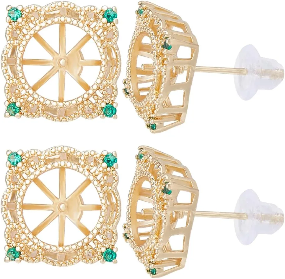 Beebeecraft 1 Box 6Pcs Pearl Cup Earring Post 14K Gold Plated Cubic Zirconia Lace Square Earring Setting for Half Drilled Beads with Sterling Silver Pin and 10Pcs Ear Nuts for DIY Jewellery Making