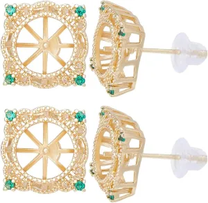 Beebeecraft 1 Box 6Pcs Pearl Cup Earring Post 14K Gold Plated Cubic Zirconia Lace Square Earring Setting for Half Drilled Beads with Sterling Silver Pin and 10Pcs Ear Nuts for DIY Jewellery Making