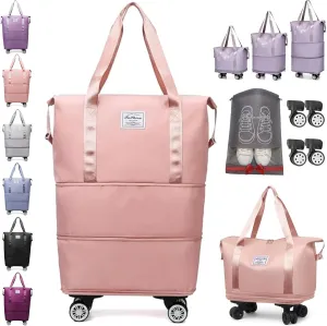 Beente Travel Bag with Wheels, Kulken Travel Bag with Shoe Organizer, 2025 New Large Capacity Travel Bags - Universal Wheel Removable (Pink)