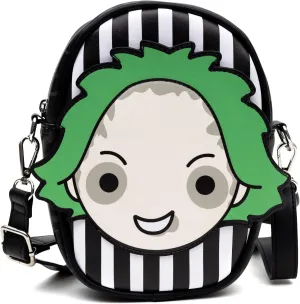 Beetlejuice Bag Wallet, Crossbody,Beetlejuice Stripes, Chibi, Vegan Leather
