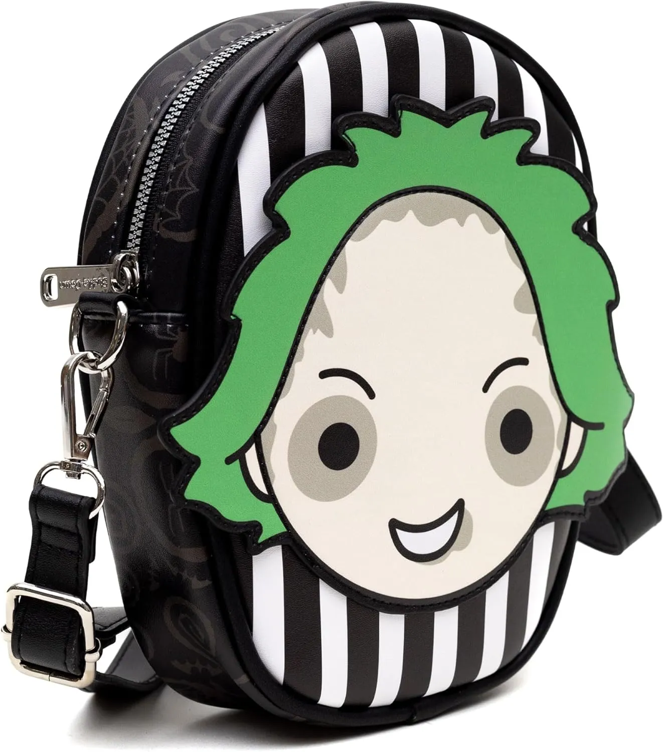 Beetlejuice Bag Wallet, Crossbody,Beetlejuice Stripes, Chibi, Vegan Leather