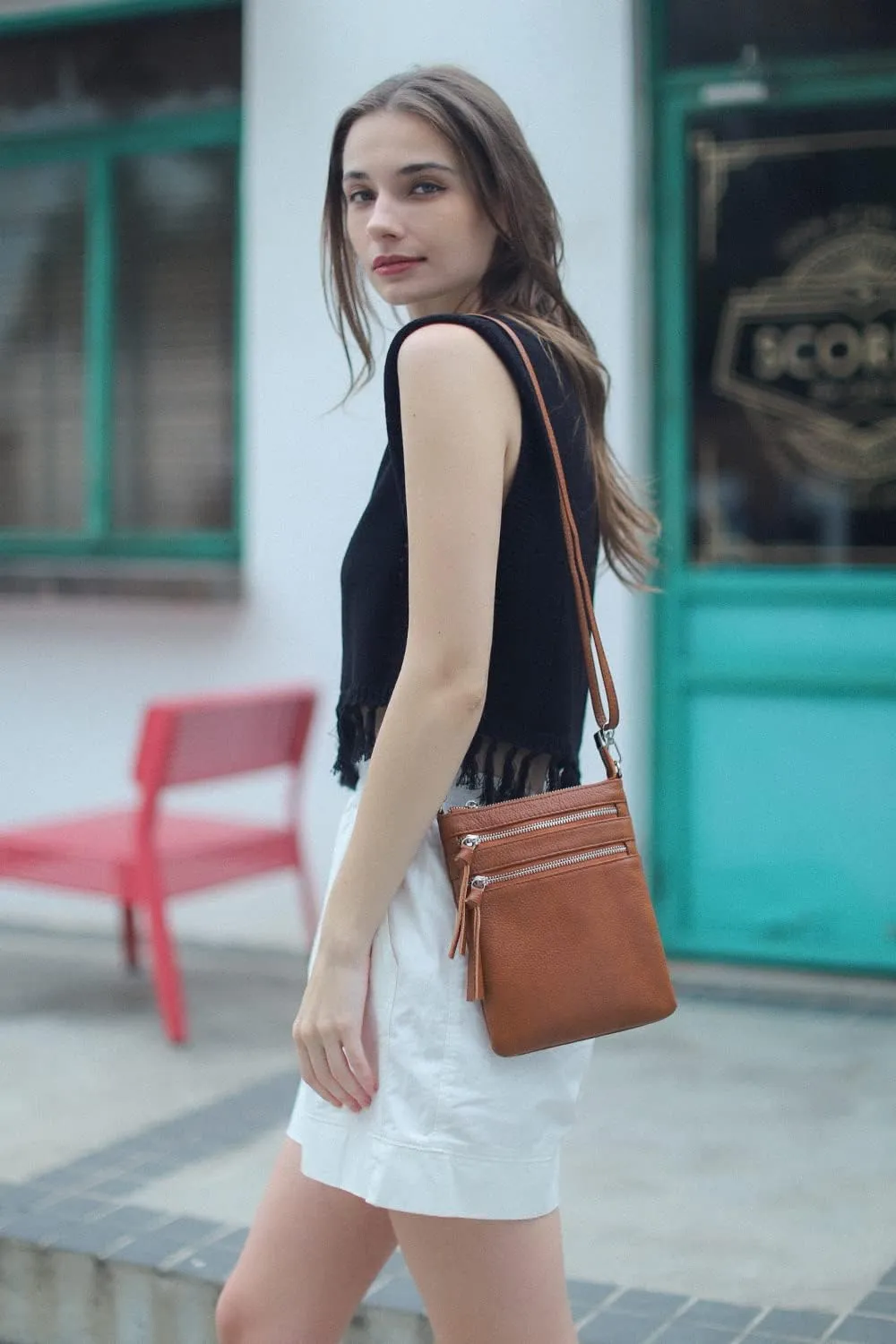befen Small Genuine Leather Crossbody Purses for Women Trendy Travel Shoulder Handbags with Multiple Zipper Pockets