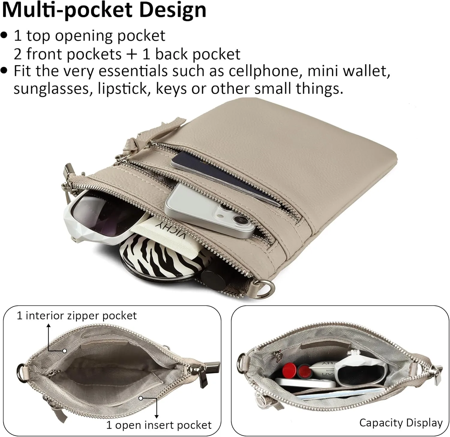 befen Small Genuine Leather Crossbody Purses for Women Trendy Travel Shoulder Handbags with Multiple Zipper Pockets
