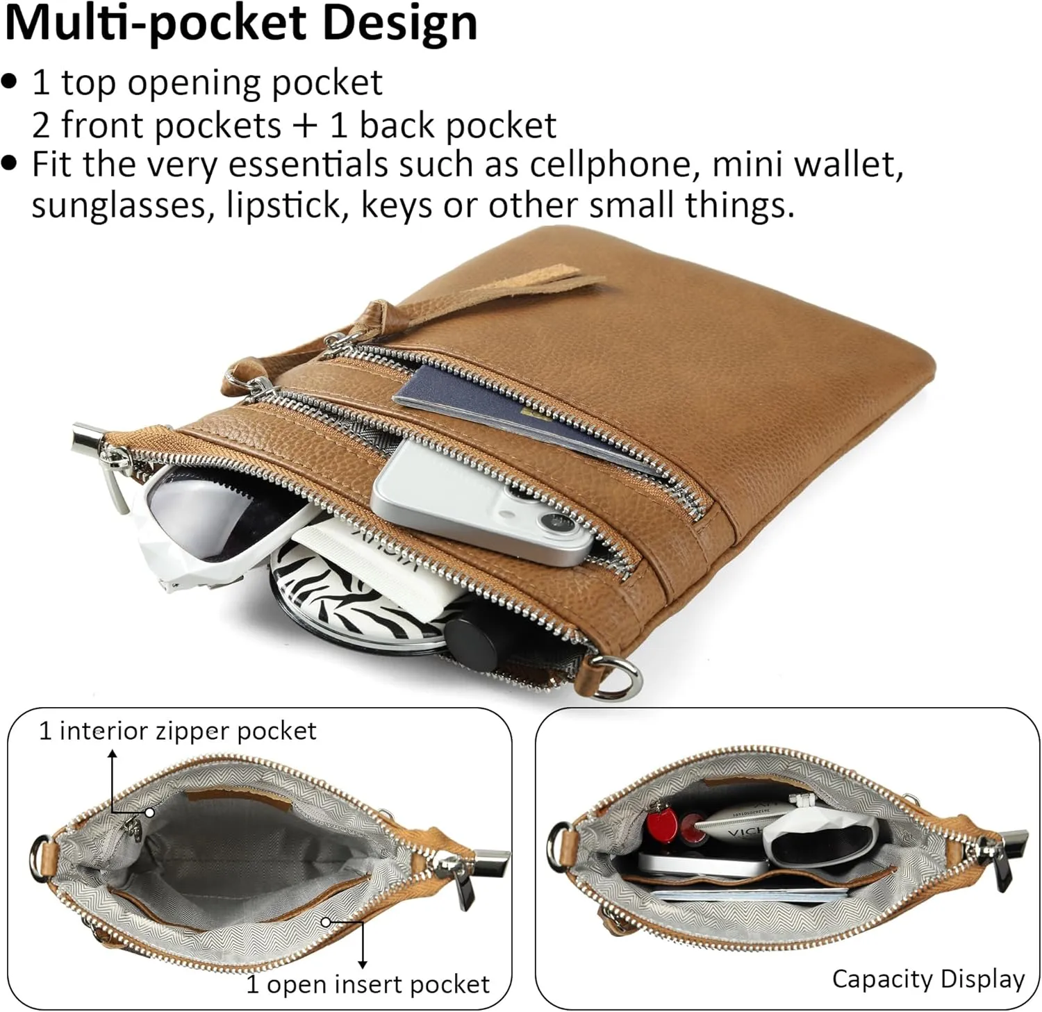 befen Small Genuine Leather Crossbody Purses for Women Trendy Travel Shoulder Handbags with Multiple Zipper Pockets