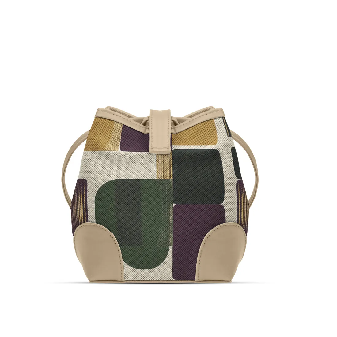 Beige Bucket Bag with Retro Geometric Blocks