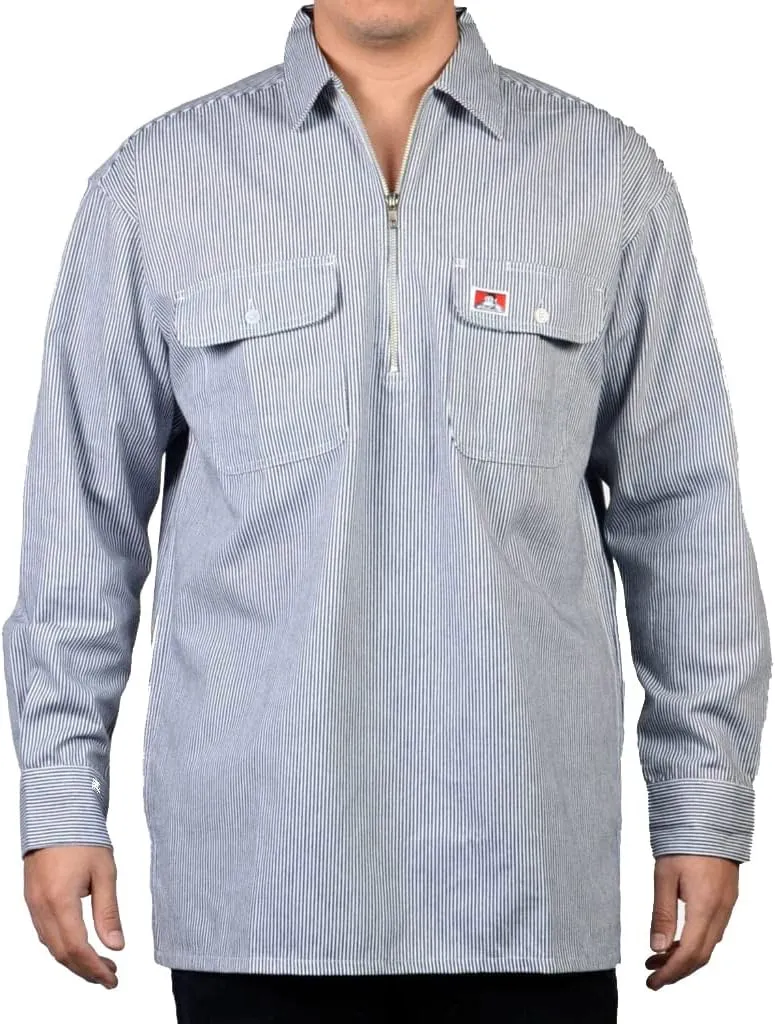 Ben Davis Men's Long Sleeve 100% Cotton Half-Zip Hickory Stripe Work Shirt with 2 Front Pockets