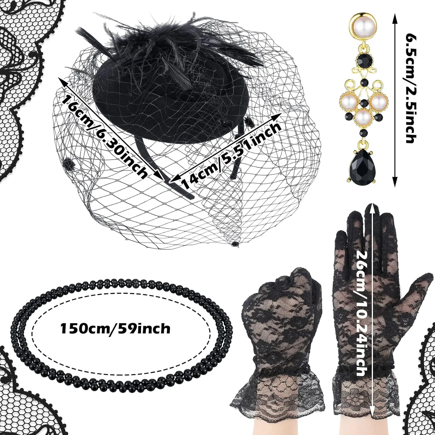 Bencailor Fascinator Hat for Women Funeral Veil Hats Set Include Mesh Lace Gloves Necklace Earring for Tea Party