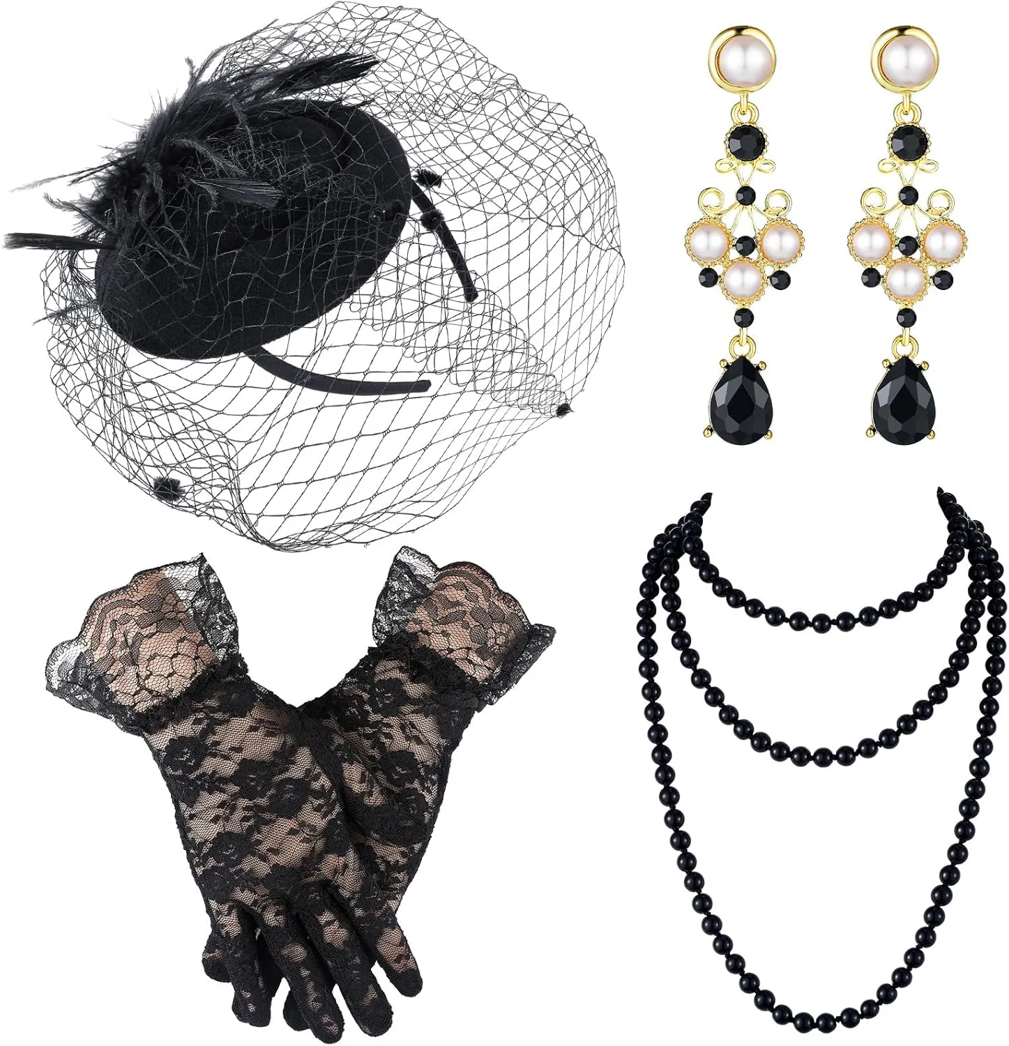 Bencailor Fascinator Hat for Women Funeral Veil Hats Set Include Mesh Lace Gloves Necklace Earring for Tea Party